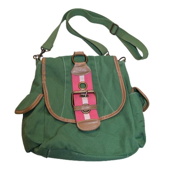Y2K Convertible Green & Pink Canvas Crossbody Backpack – Utility Boho Bag - Picture 1 of 8